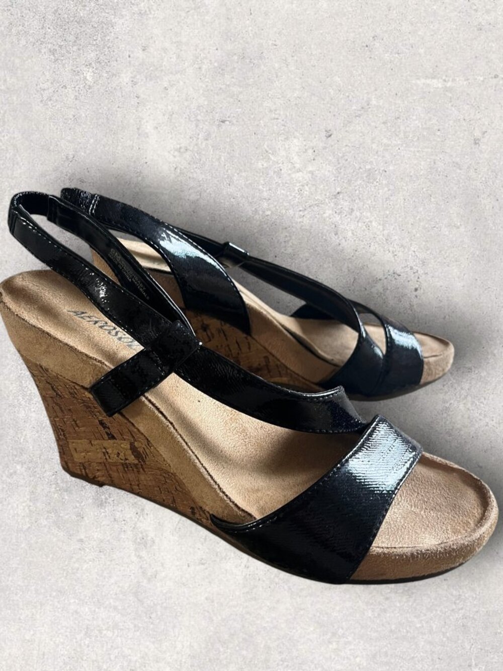 Aerosoles Black Patent Wedge Sandals - Size 6M